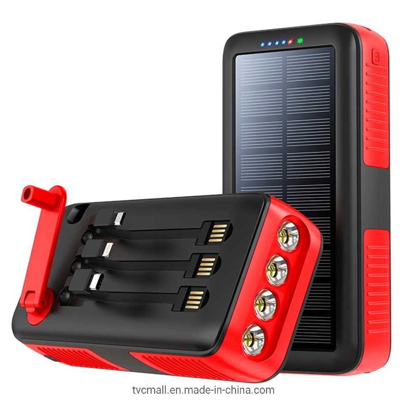 SY-618 التدوير اليدوي 20000mAh USB مزدوج الطاقة الشمسية الهاتف المحمول بطارية خارجية مع كابل البرق القابل للفصل / النوع ج / ميكرو - أحمر