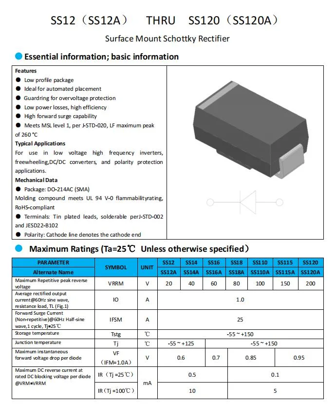 Schottky Diodes Ss120 Diodes Durable Using Low Price 20V~100V