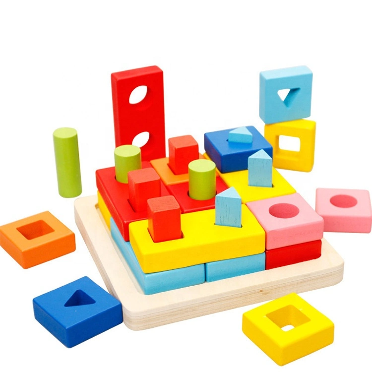 Early Childhood Educational Wisdom Geometric Four Sets of Columns Wooden Building Sorting Block Toys