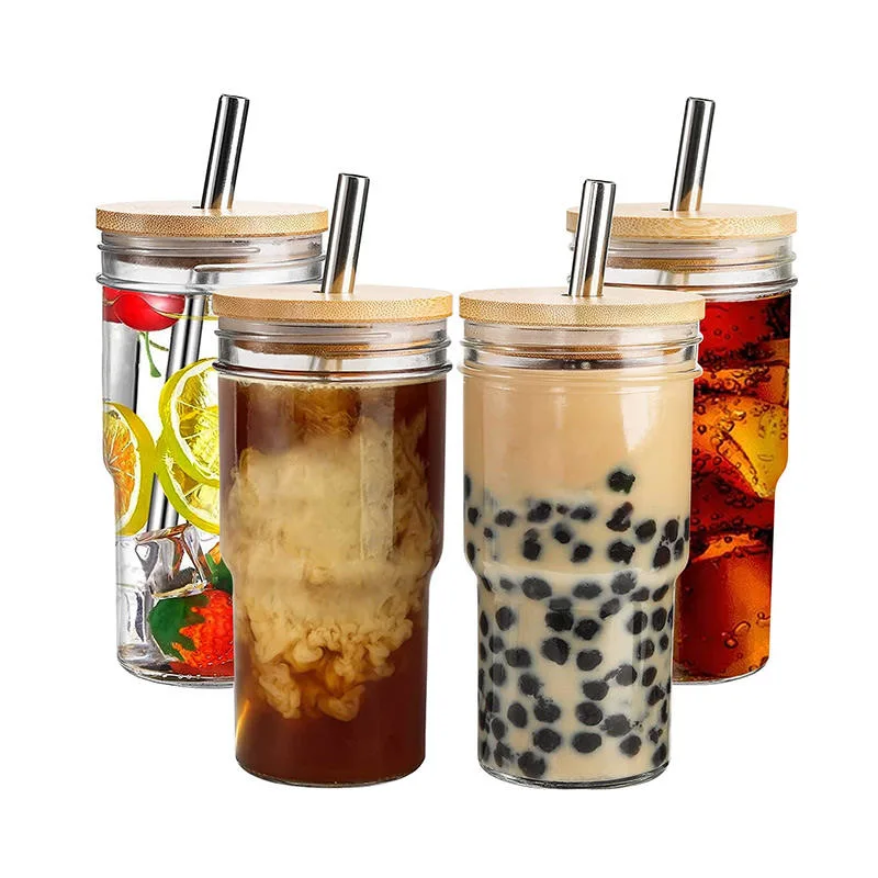 Reusable 22oz Wide Mouth Customized Wholesale Glass Mason Cup with Wood Lid and Glass Straw