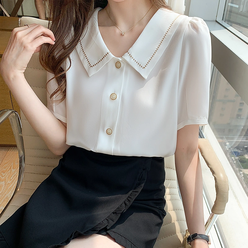 Blusas Blouses Femme Tops Women Turn Down Collar 2022 Summer White Blouse Short Sleeve Chiffon Blouse Shirt