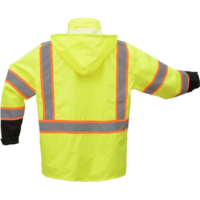 Comercio al por mayor de la Chaqueta reflectante de seguridad traje de poliéster Oxford impermeable de PVC Tela capa de lluvia para el trabajo