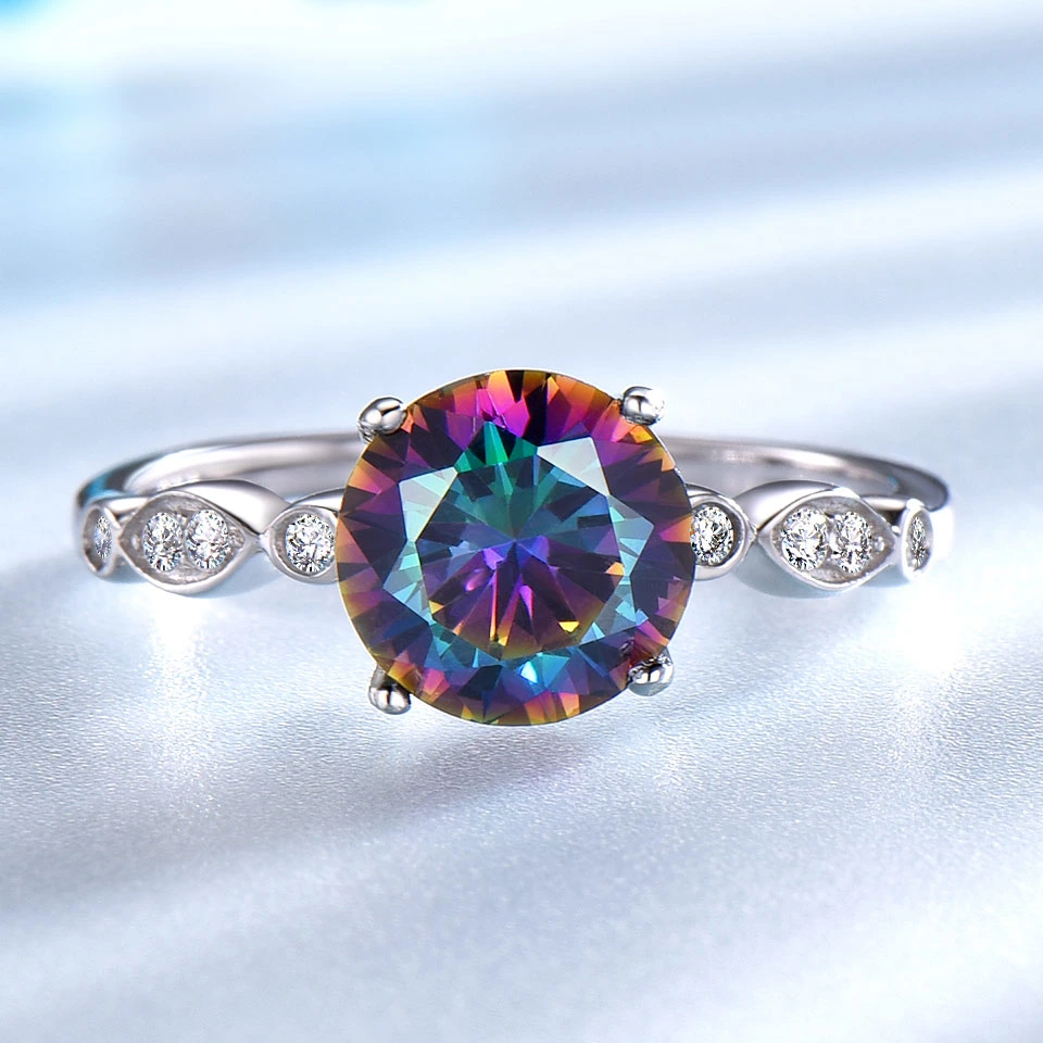 Redondo Fuego genuino Rainbow Mystic Topaz 925 Sterling Silver Women Anillo