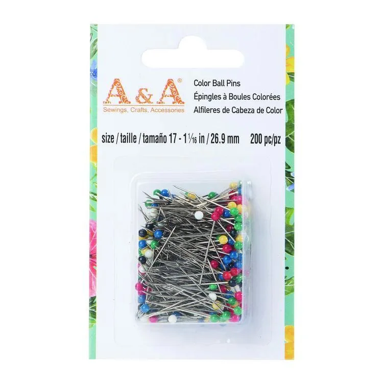 AA200PCS Jewelry DIY Decoration Sewing Pins for Fabric, Straight Pins with Colored Ball Glass Heads Long 1.5inch, Quilting Pins for Dressmaker, Craft and Sewing