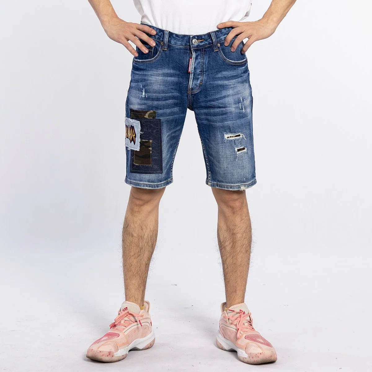 Custom Distressed Blue Five Pants Denim Patchwork Design Men Short Jeans