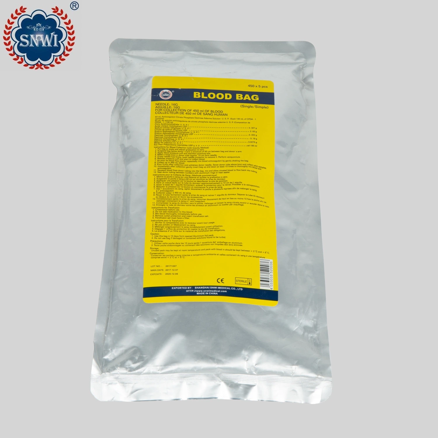 CE GMP aprobado desechable médico PVC 450ml simple/Doble/Triple/Cuádruple transfusión de sangre Bolsas