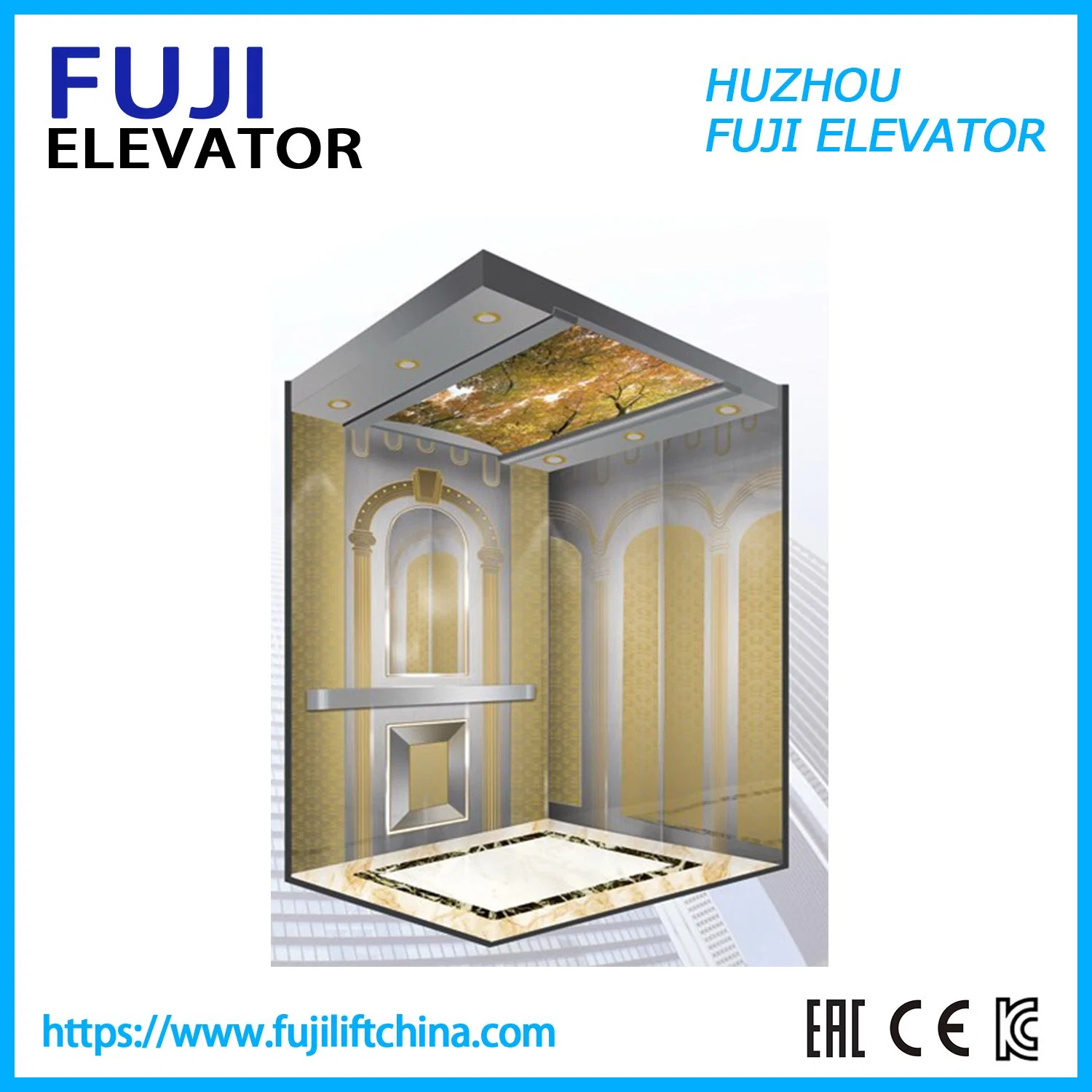 FUJI Brand Passenger Elevator 1150kg 2.0m/S Golden Titanium Mirror Etching Home Panoramic Villa Passenger Lift with Machine Roomless