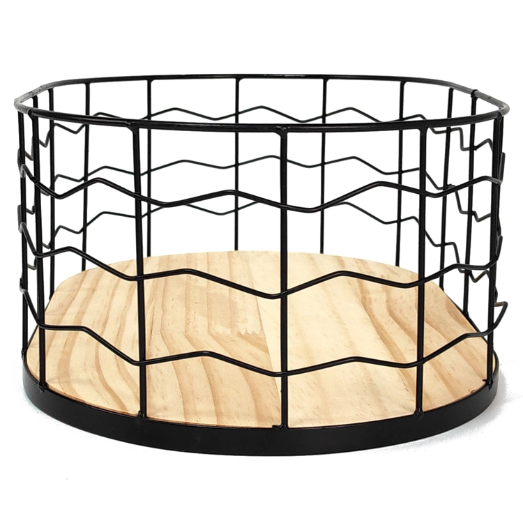 Oval Snack Food Wire Organizer Bamboo Base Kitchen Fruit Storage Metal Basket