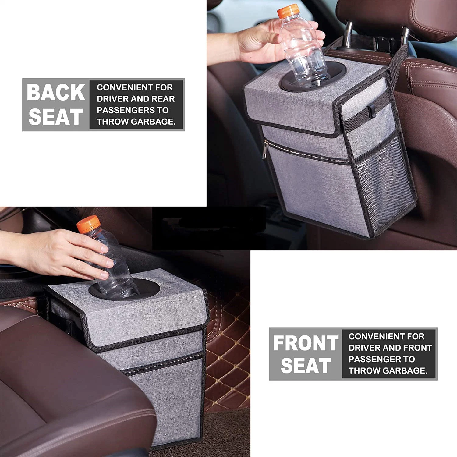 Car Trash Can with Lid and Storage Pockets