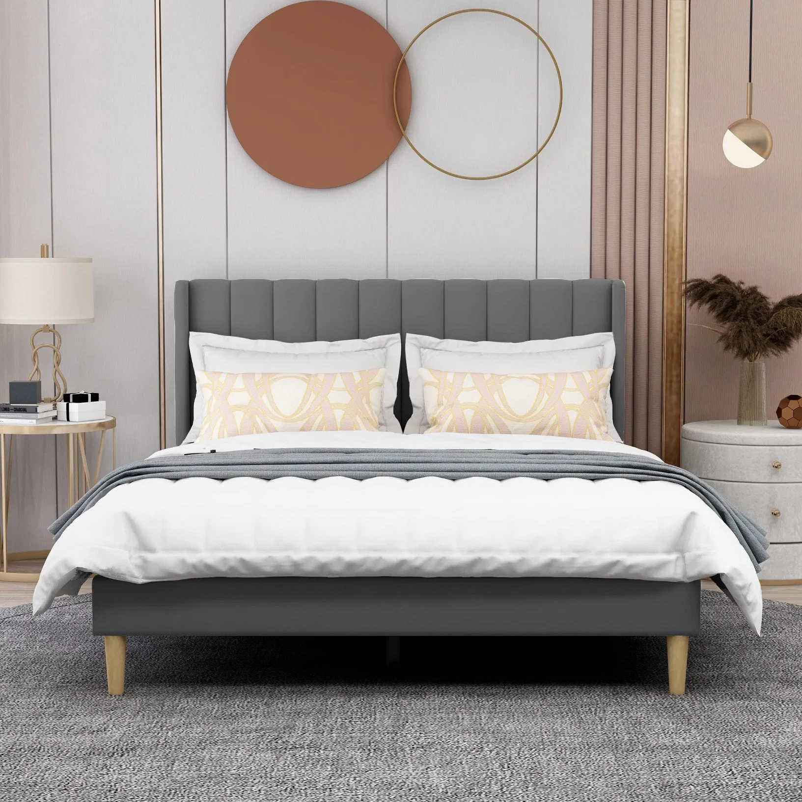 Upholstered Platform Bed Frame Queen Size with Headboard and Footboard/Wooden Slats Support/No Box Spring Needed/Easy Assembly, Ink Gray Velvet