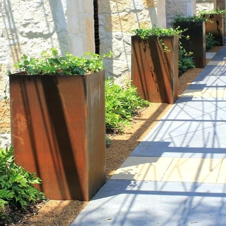 Rectangular personalizada Outdoor Indoor Flor grande jardín de acero corten a través de sembradoras sembradora ollas de metal