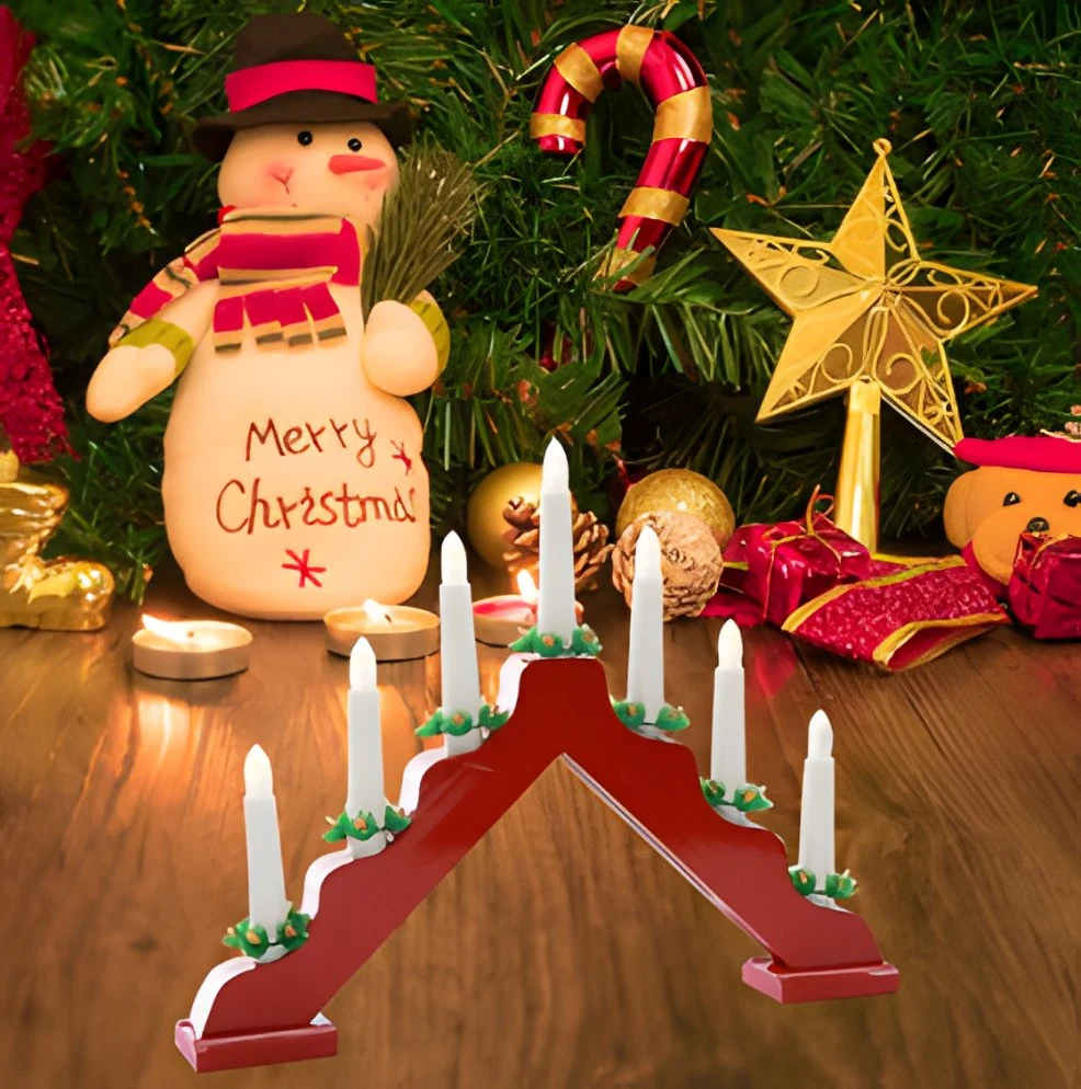 Christmas Red Wooden Candle Bridge with Warm White LED Lights Battery Operated