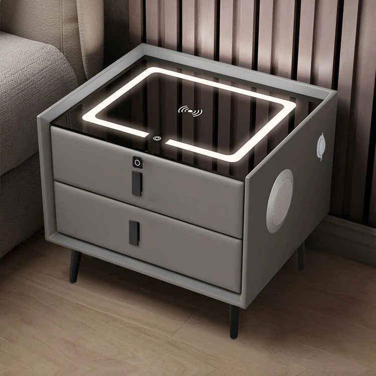 Tables de chevet en bois modernes pour hôtels en gros avec charge sans fil, meuble de chambre à coucher en bois de luxe avec table de chevet intelligente en bois LED.