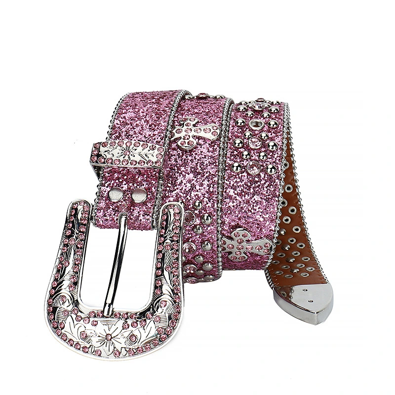 Attractive Pink Bling Bling Rhinestone Belt Western Female Belt Crystal Diamond Studded Wholesale Leather Belt for Girl