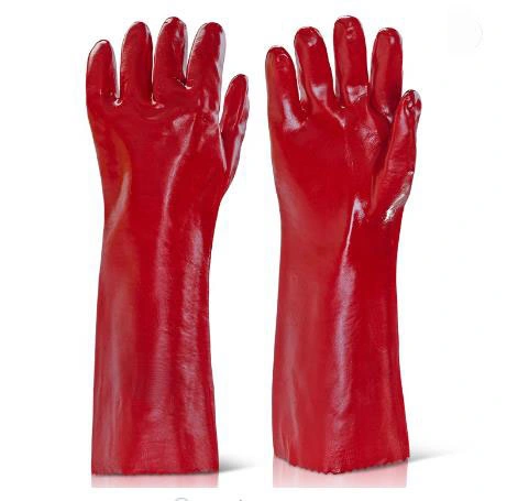 Knitted Wrist Red PVC Smooth Finished Chemical Resistant Gloves