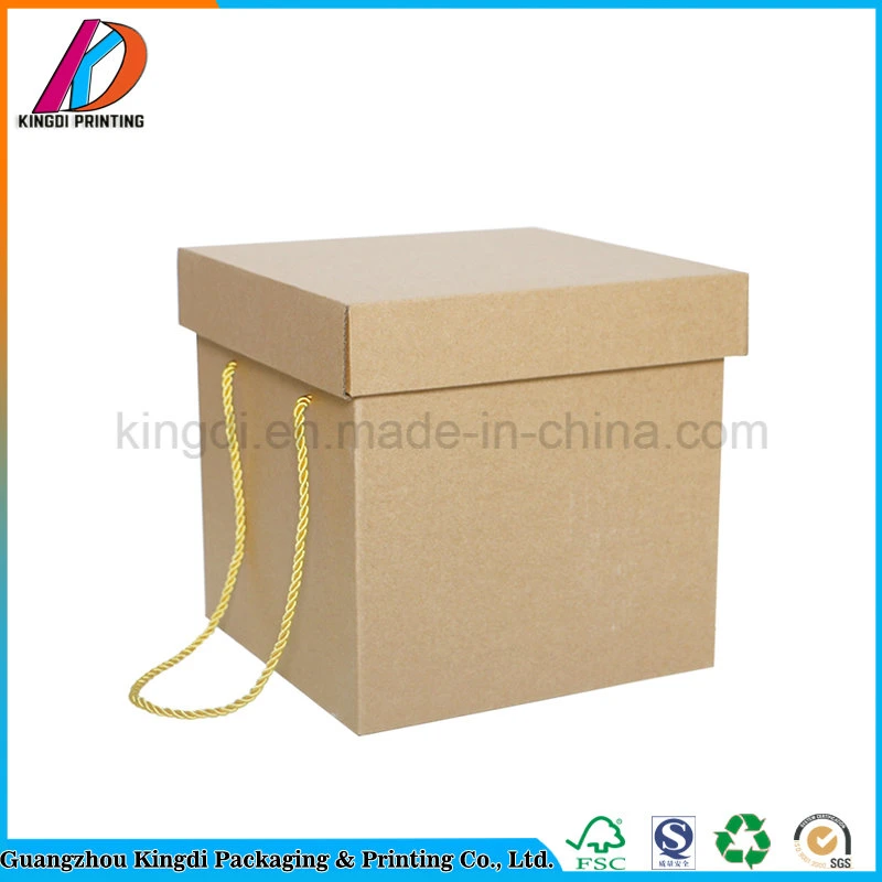 Square Portable Brown Kraft Paper Packing Box with Handle