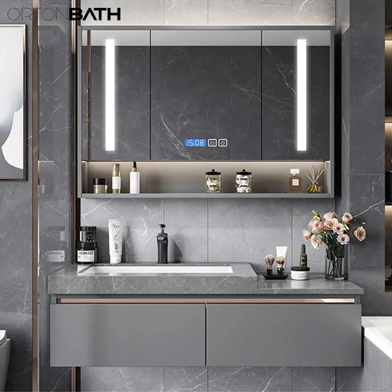 Ortonbath Grey Concrete Wall Mount Above Counter Ceramic Sink Bathroom Slate Vanity Unit Cabinet Artificial Stone Bathroom Furniture with LED Mirror Cabinet