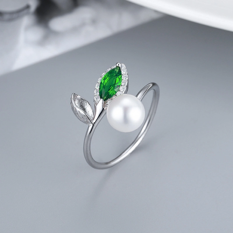 Green Leaf Freshwater Pearl 925 Sterling Silver Ring