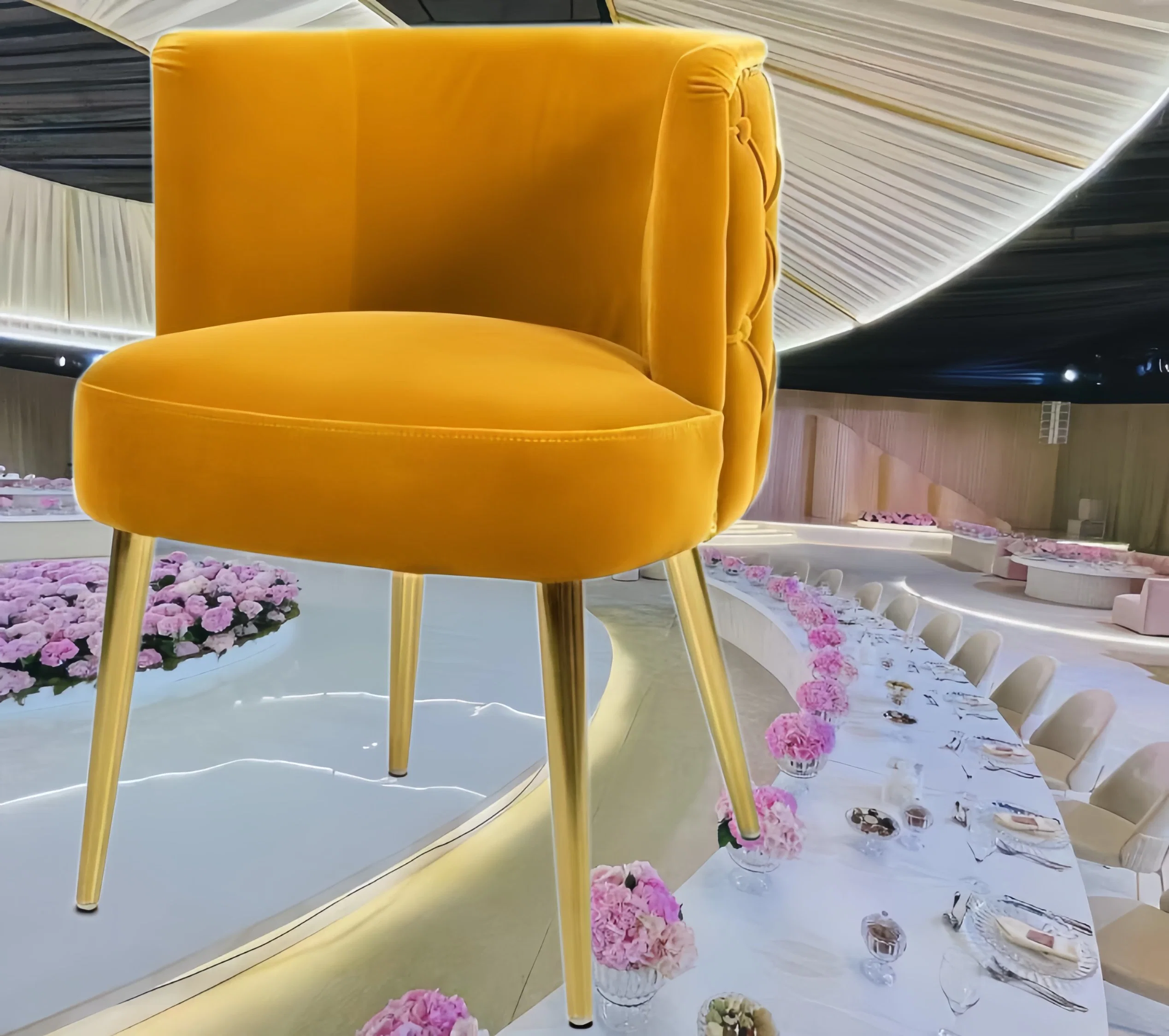 Oro Acero inoxidable Diseño de tubos Interior Mobiliario de Casa comedor Silla de tela de terciopelo rosa