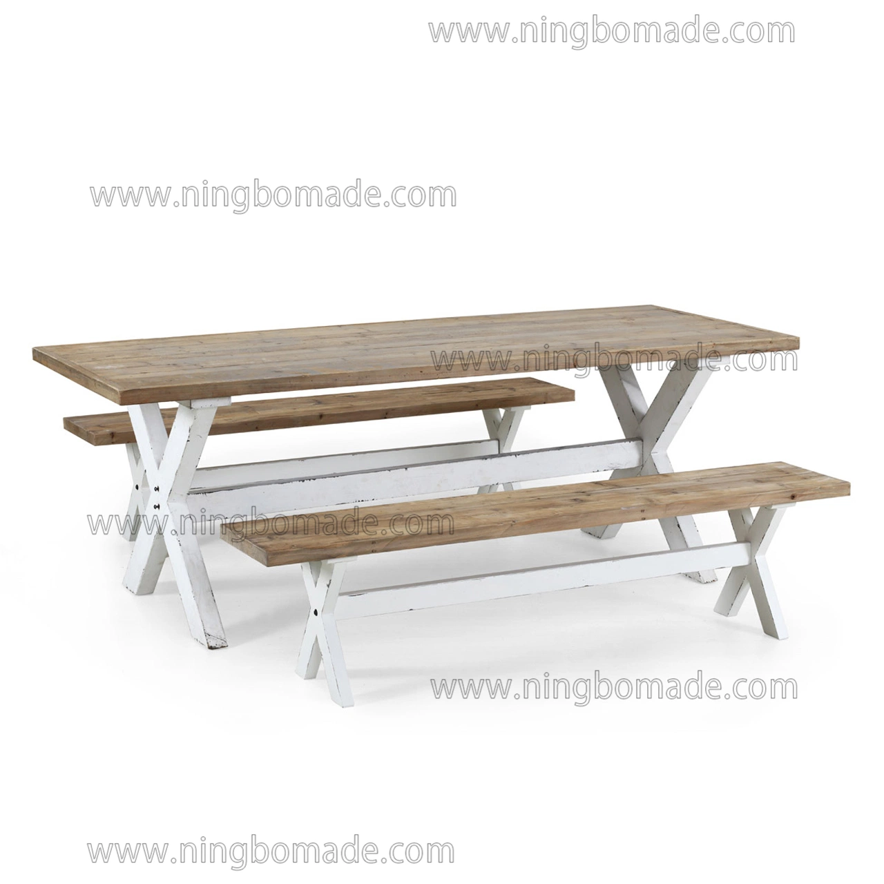 Parquetry Pattern Furniture Natural Reclaimed Pine Top Weather White Poplar Base Bench