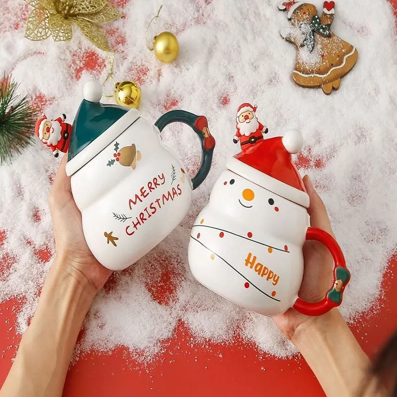 Wholesale Christmas Gifts Custom Snowman Tea Coffee Office Winter Porcelain Cup Sets with Spoon Lid