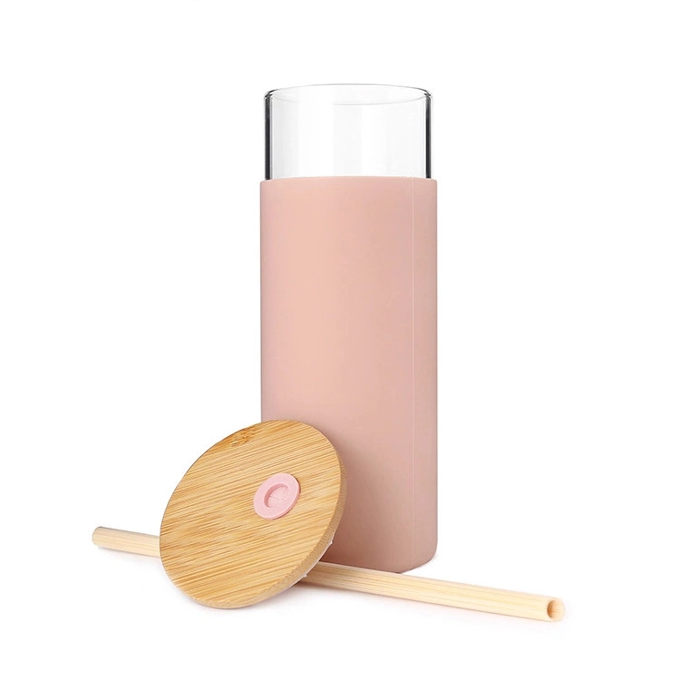 Hot Sale 16oz 500ml Empty Bamboo Lids Round Borosilicate Cup Glass Water Bottle with Straw and Silicone Sleeve