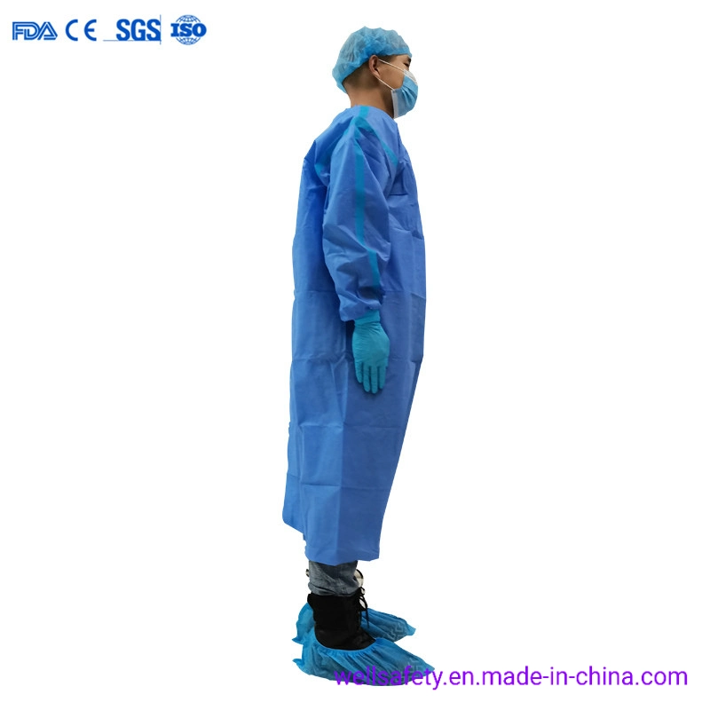 Fabrik Direktverkauf AAMI Level 3 Einweg SMS Blau chirurgisch Kleid Strickmanschette mit Klebestreifen 45g Krankenhaus Special Isolation Kleid Anti-Liquid Blood En1412