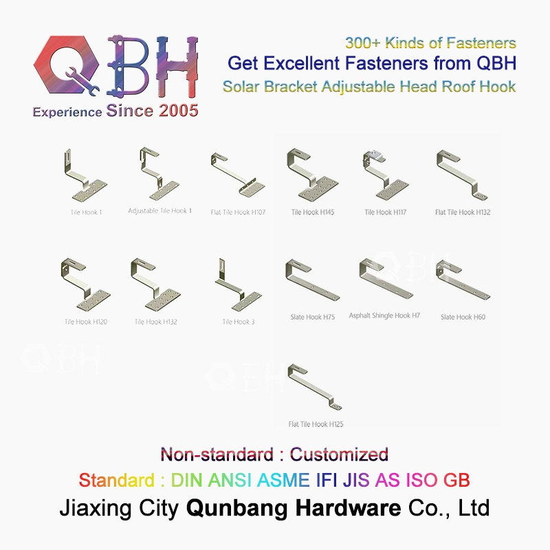 Qbh Customized Civil Commercial Industrial Use Solar Power Energy PV Photovoltaic Panel Tile Roof Stamping Hook for PV Mounting System Hardware