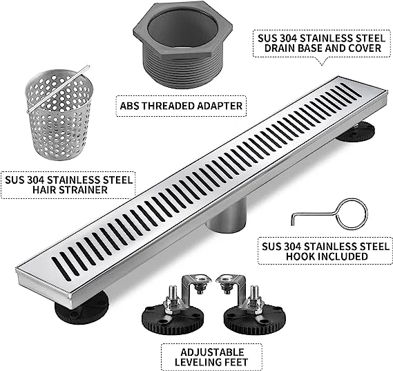 24 Inch Rectangular Brushed Nickel 304 Stainless Steel Linear Shower Drain