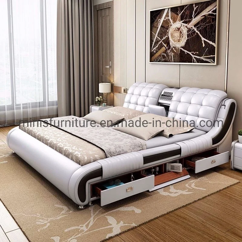 (MN-MB53) Home Bedroom Furniture King/Queen Size White Leather Double Bed with Strorage Cabinets/Drawers