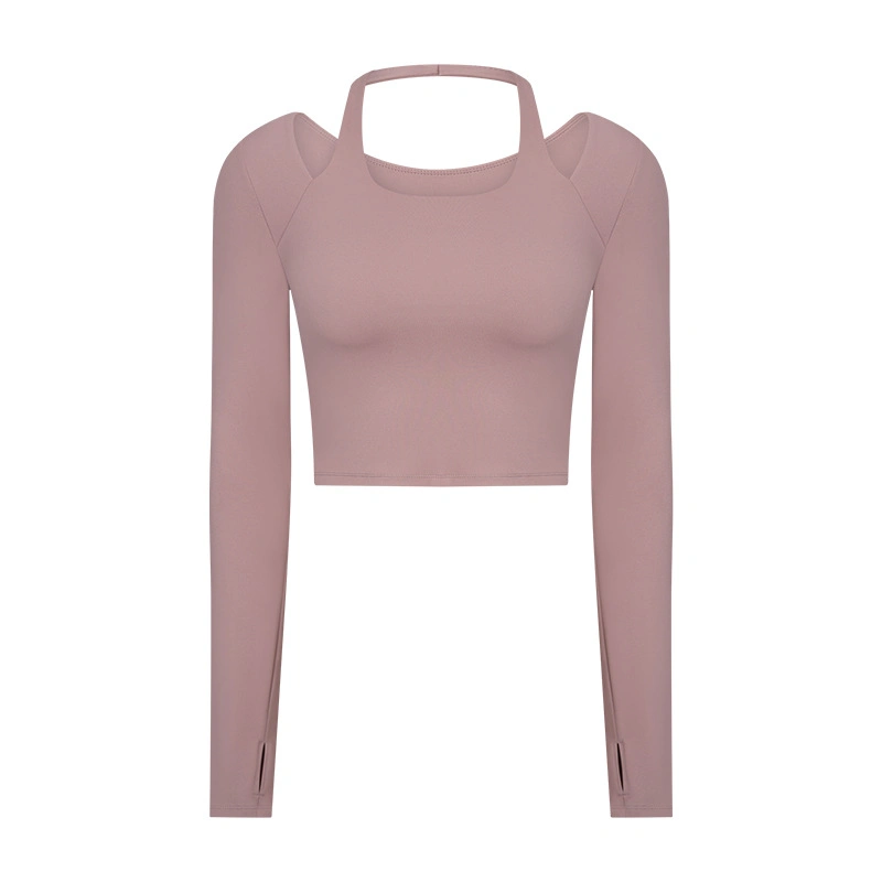 New Fashion All-Match Net Red with The Same Paragraph Hanging Neck Long-Sleeved Women's Slim Fit, Thin, Brushed, Nude Fitness Yoga Clothes