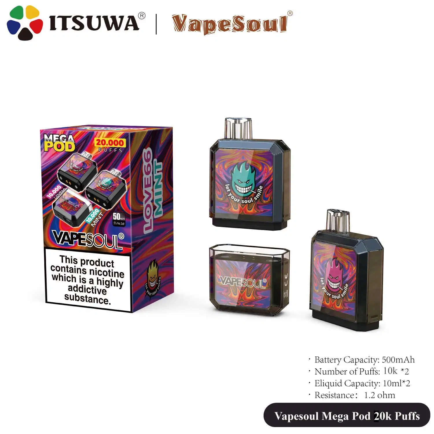 Nuevo producto Vapesoul Itsuwa Mega-Pod 10000 rociadas con 2 vainas Pod recargable Venta caliente del sistema E-cigarrillo