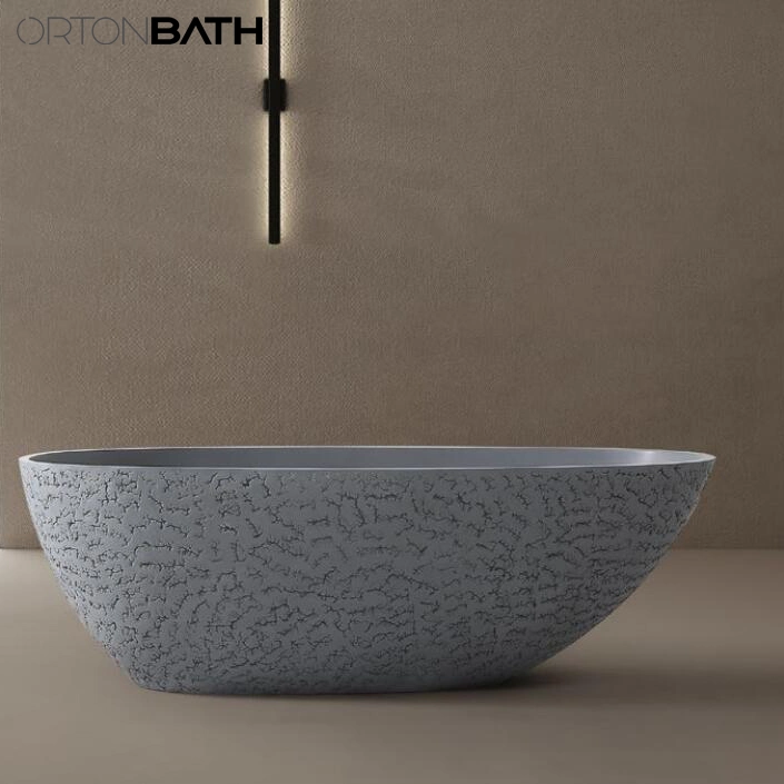 Ortonbath Oval Oliver Shape Irregular Shape Large Adult Bathroom Tub Acrylic Solid Surface Bathtub Freestanding Deep Soaking Bathtub with Center Drain Overflow