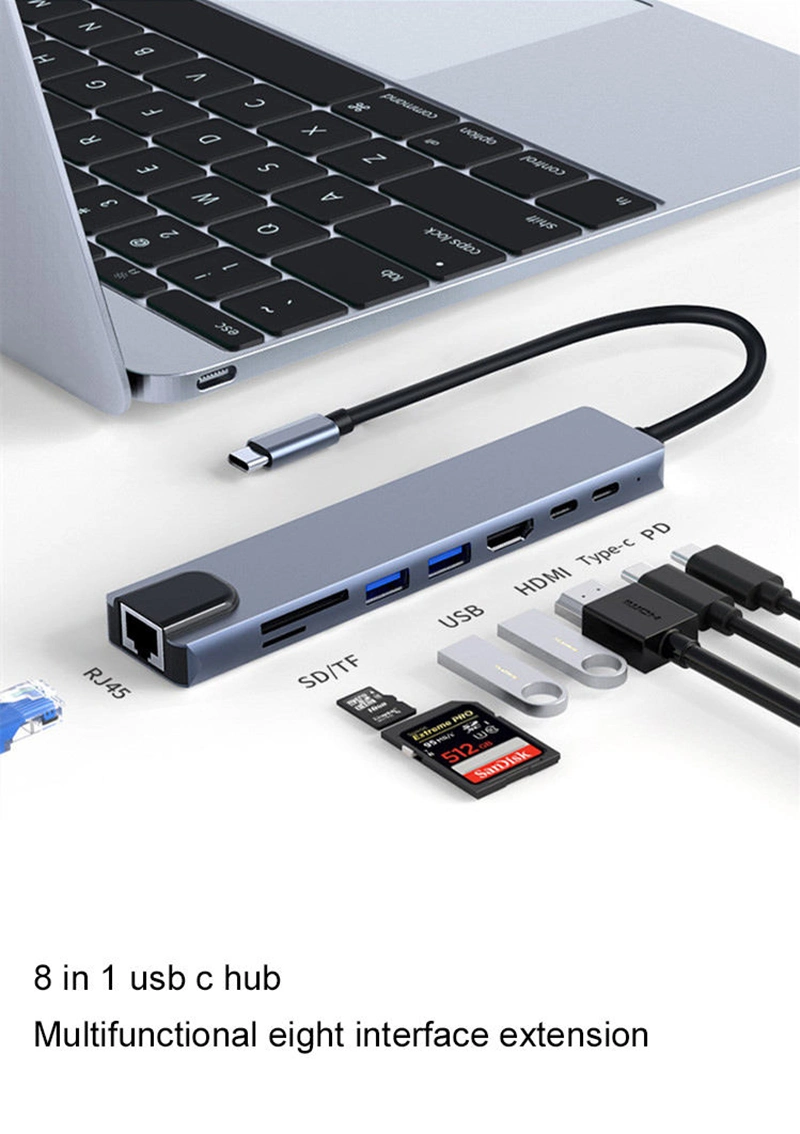 OEM 8 in 1 Type C Hub Aluminum Alloy Shell USB Hub 3.0 Charging Station Dock USB C Hub 4K 30Hz+USB3.0+USB2.0+Pd