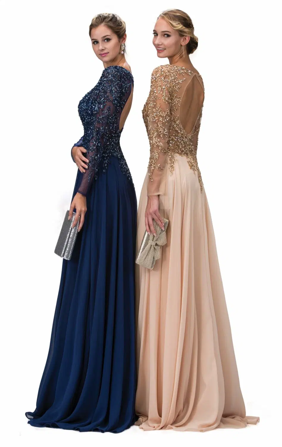 Navy Champagne Party Prom Gown Backless Chiffon Evening Dresses G12096