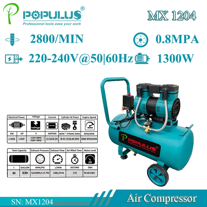 Populus New Arrival Industrial Quality 8bar 50L/1300W Oil Free Portable Piston Air Compressor Reciprocating Compressor for Factory and Industial Workshop