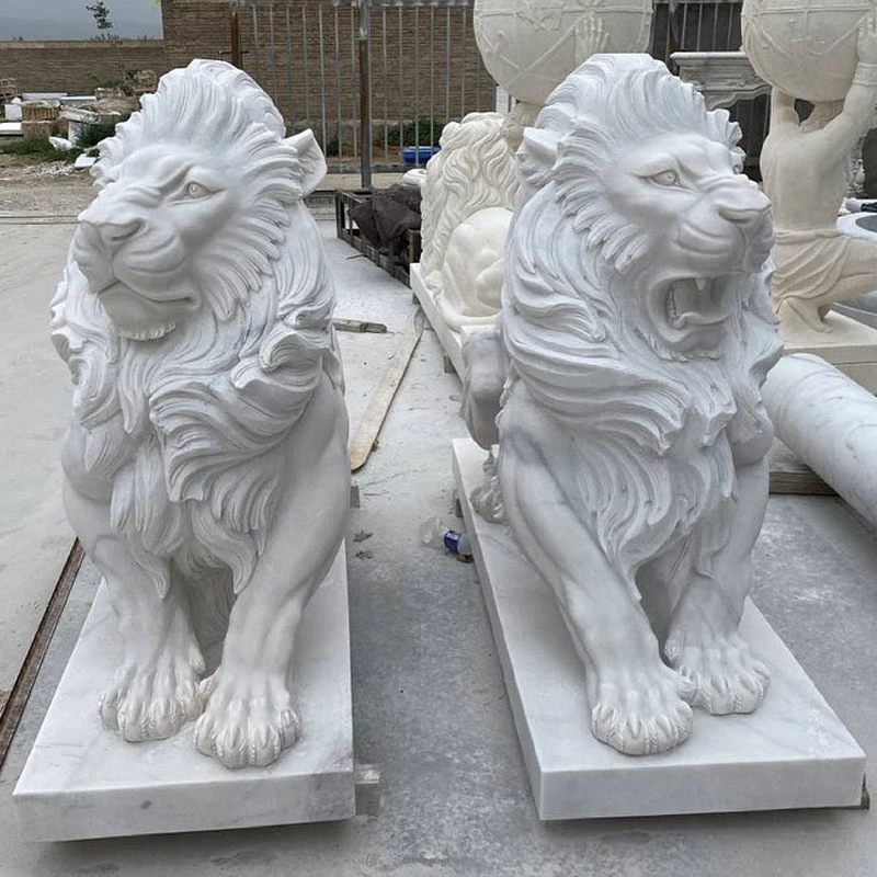 Decoration Hand Carved Stone Lions Statues Life Size White Granite Large Outdoor Marble Lion Sculpture