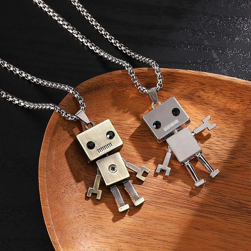 Mens Fashion Jewelry Titanium Steel Robot Pendant Necklace Women Robot Sweater Chain