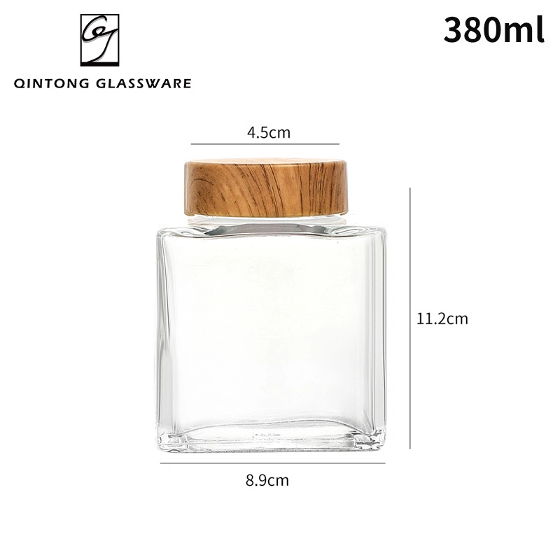 Hot Sell 380ml 500ml 13oz 17oz Unique Square Glass Honey Jar Glass Packaging Honey Bottle with Wooden Lid