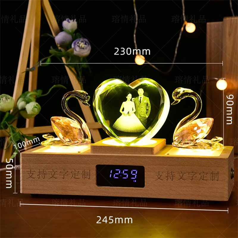 Original Factory Wholesale/Supplier Custom Design Corporate Souvenir Laser Engraving Clock Wooden Base Luminous K9 Crystal Trophy