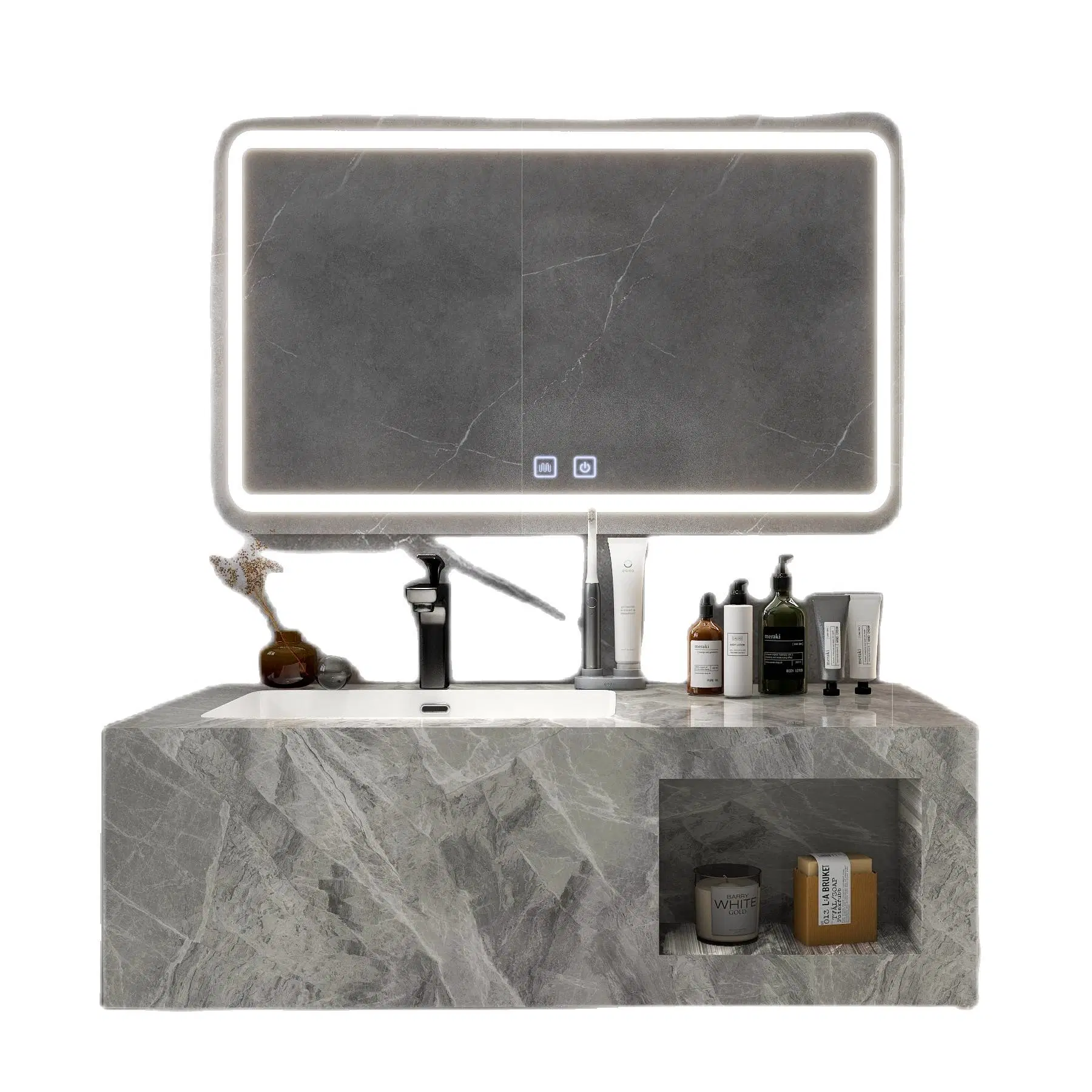 2023 New Bathroom Combined Cabinet Vanity Wall Hung Marble Wash Basin Artificial Sintered Stone Sink with Smart Mirror
