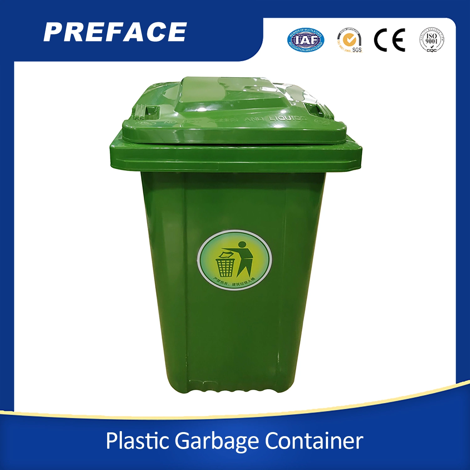 Poubelle en plastique recyclable HDPE verte bleue personnalisable de 100L, 120L, 240L, 360L, 660L, 1100 litres pour l'extérieur avec roues, couvercle et pédale.