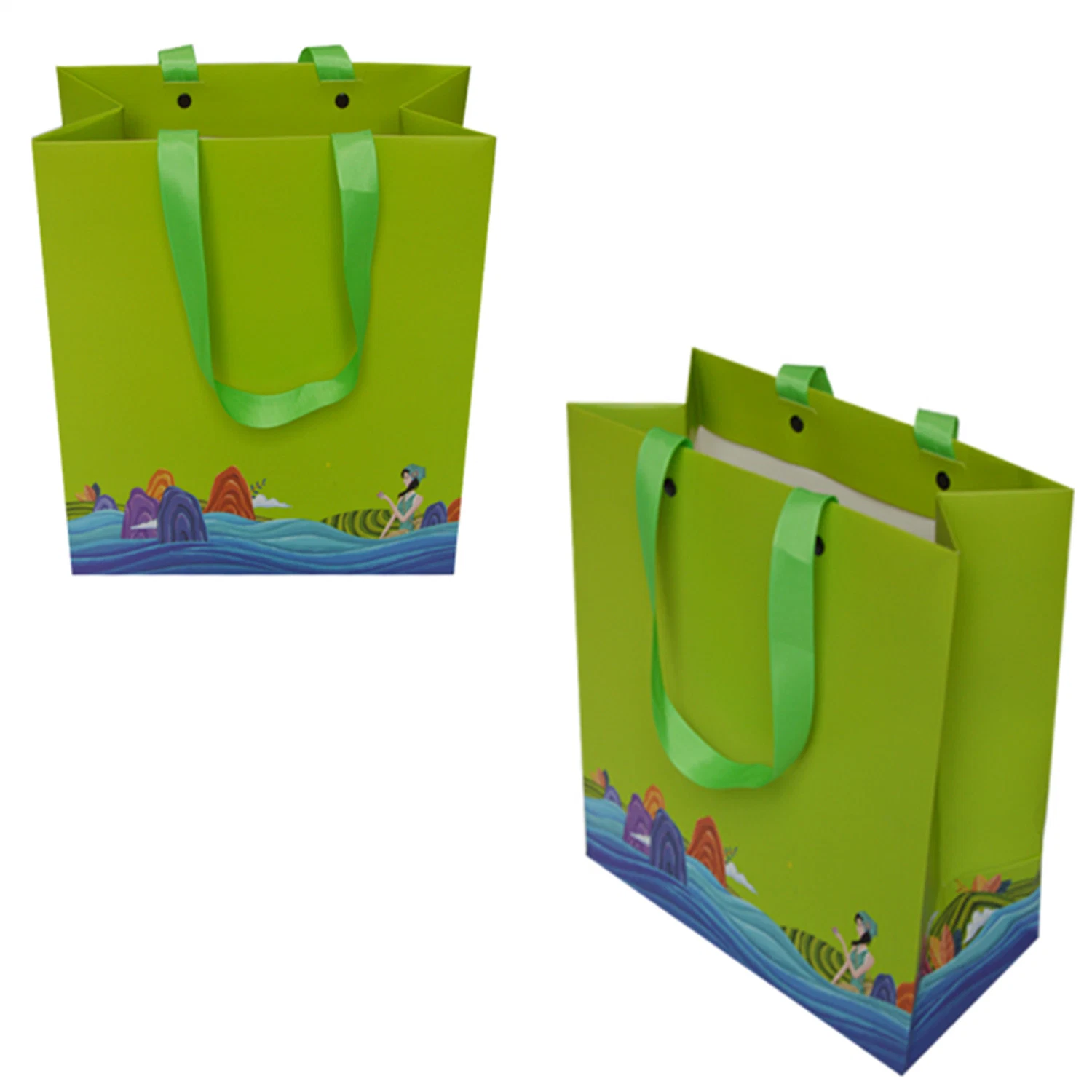 Custom Promotion Mini Green Colorful Art Paper Bag with Handle for Gift Box Shopping Jewelry Box Packaging