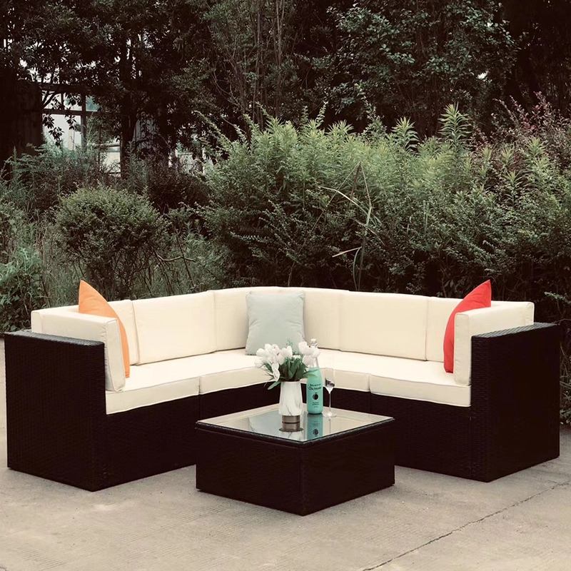 Jardin extérieur 6PCS de luxe des meubles en rotin Conversation de la table d'osier coin canapé avec coussin de coupe