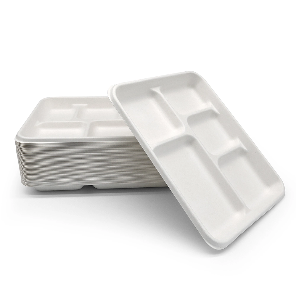 Hot Sale Restaurant Fast Food Biodegradable 5 Compartments Plate Dish Sugarcane Fiber Rectangle Sugarcane Lunch Tray