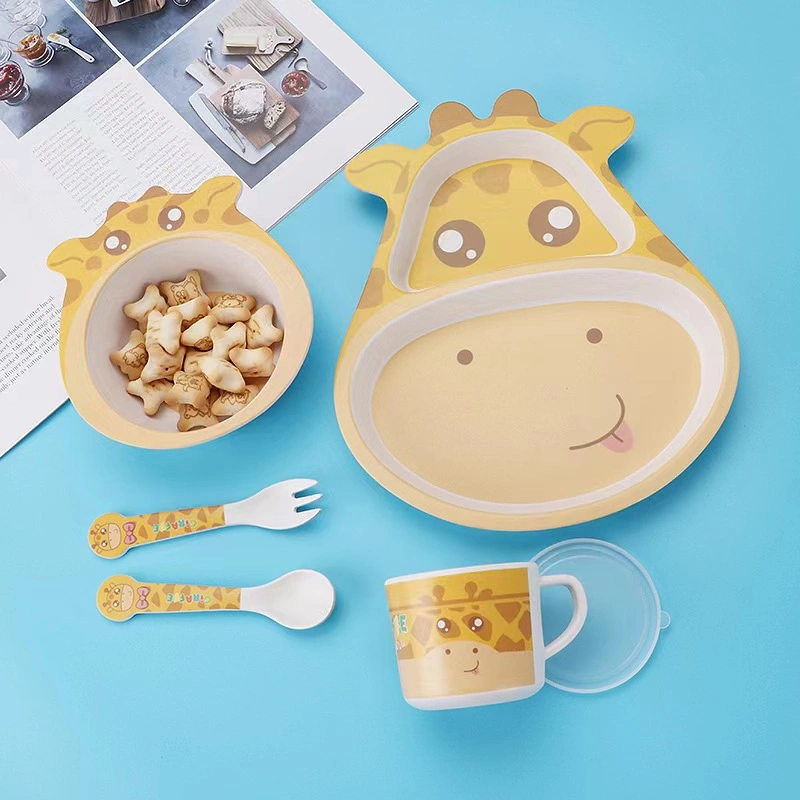 Aohea Kids Gift Set LFGB Cartoon Animal Bamboo Fibra Dinnerware Set Kids Plate