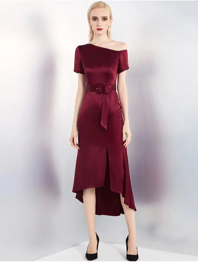 High quality/High cost performance Satin Sexy Woman Luxure Wine One- Shoulder Irregular Fashion Ladies Dress with Belt