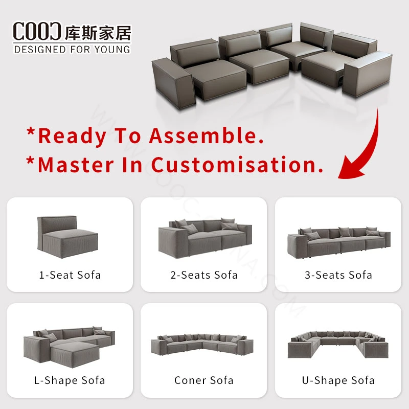 Modern Italian Style Velvet Fabric Leather Modular Sectional U Shape Sofa Set Living Room Furniture for Home Hotel