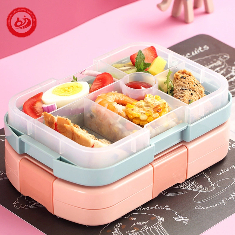 Caixa de almoço Bento de 6 compartimentos Portátil à prova de fugas Escola de plástico Crianças dinnerware Define o formato quadrado para comer durante toda a estação