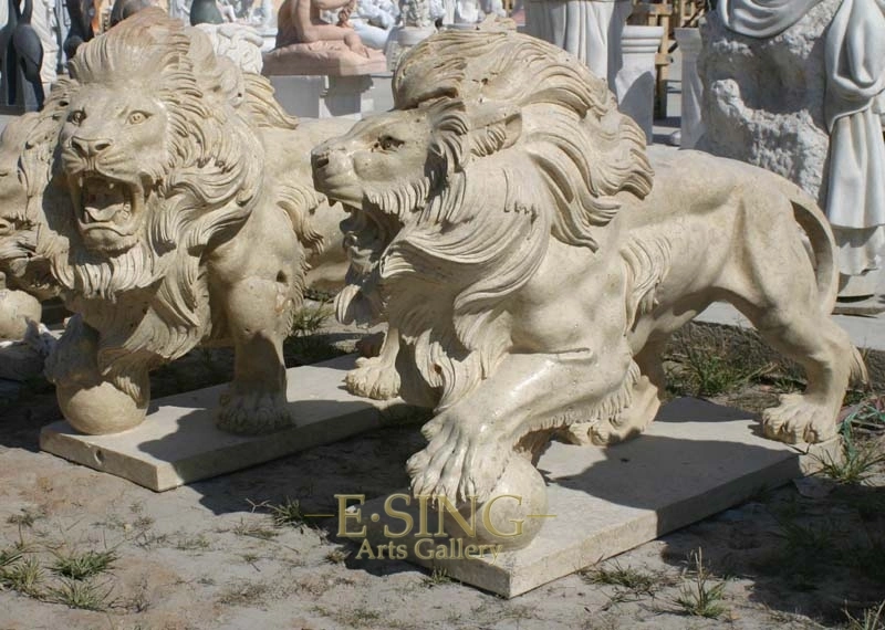 Hand Carved Western Style Life Size Yellow Stone Walking Marble Lion Statue